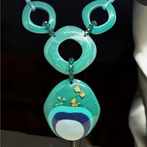 Artisan Turquoise and Gold Statement Necklace 80s resin boho Bold